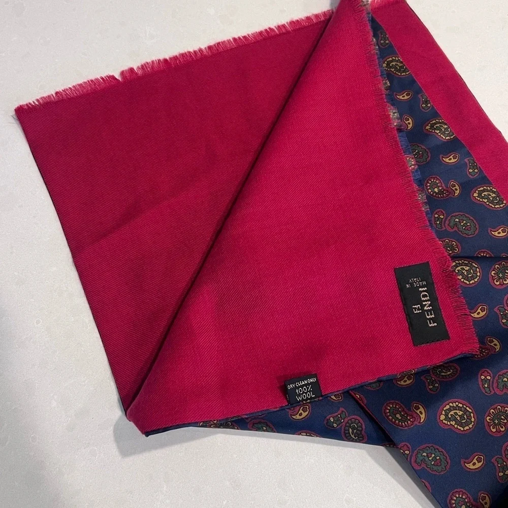 Fendi‎ FF Italian Reversible Navy Paisley Silk/ Burgundy Wool Scarf